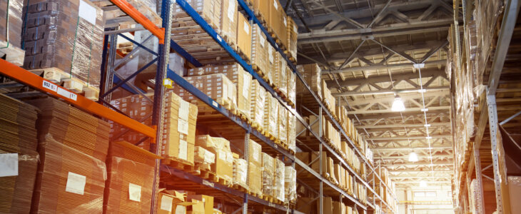 tall shelves in a warehouse aisle