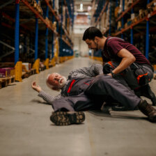 Older man laying on the ground in a warehouse with a spinal cord injury while a younger worker attends to him
